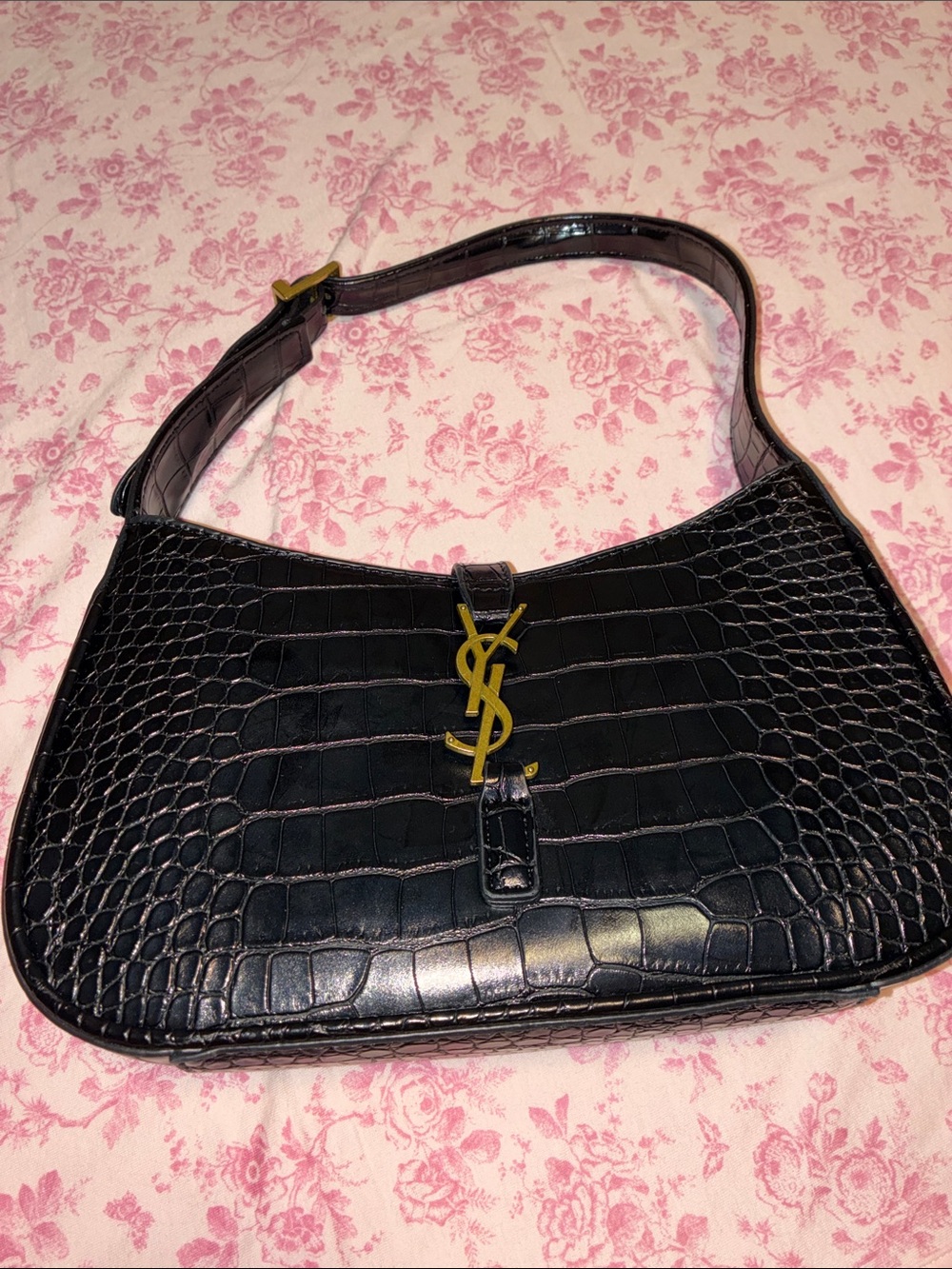 Black Croc-Embossed Shoulder Bag with Gold Logo